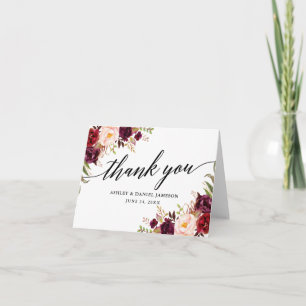 Caligrafía Borgoña Boda Floral Nota