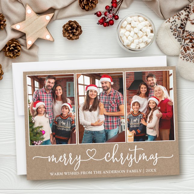 Caligrafía Corazón 3 Foto Kraft Feliz Navidad (Customize to add text to back of card.)