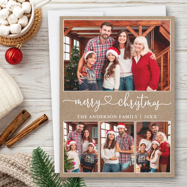 Caligrafía Corazón 4 Foto Kraft Feliz Navidad (Customize to add text to back of card.)