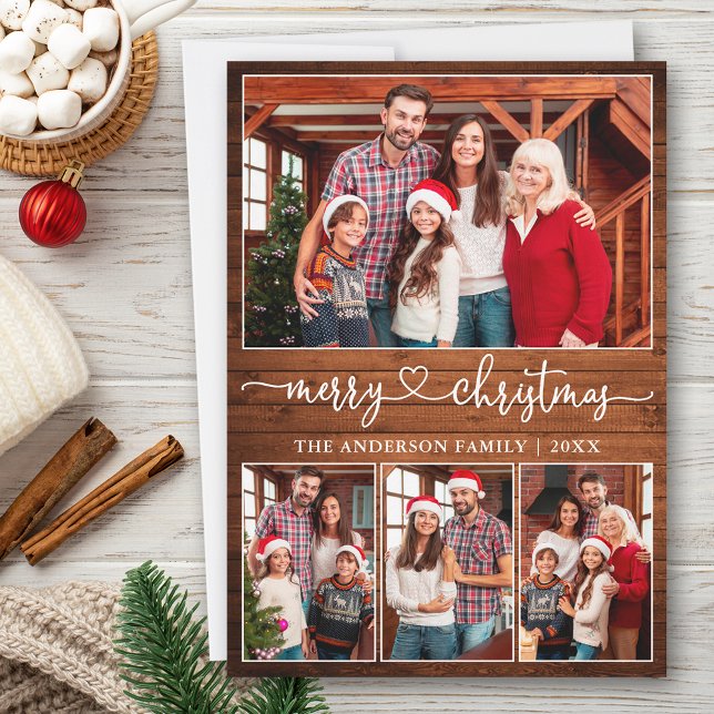 Caligrafía Corazón 4 Foto Madera Feliz Navidad (Customize to add text to back of card.)