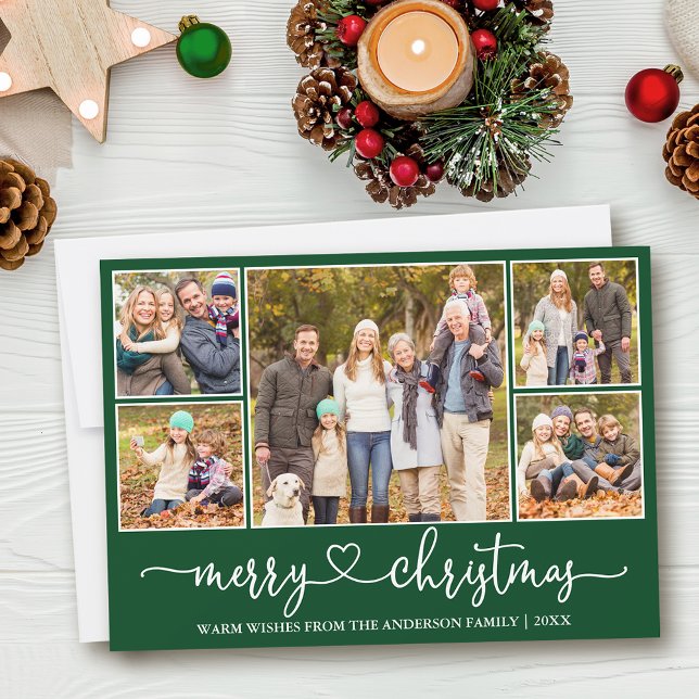 Caligrafía Corazón 5 Foto Feliz Navidad Verde (Customize to add text to back of card or to change background color of card.)