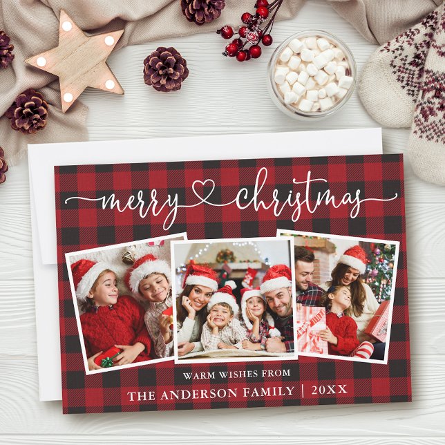 Caligrafía Corazón Feliz Navidad Plaid 3 Foto (Customize to add text to back of card.)