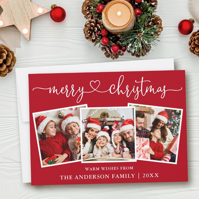 Caligrafía Corazón Feliz Navidad Rojo 3 Foto (Customize to add text to back of card or to change background color of card.)