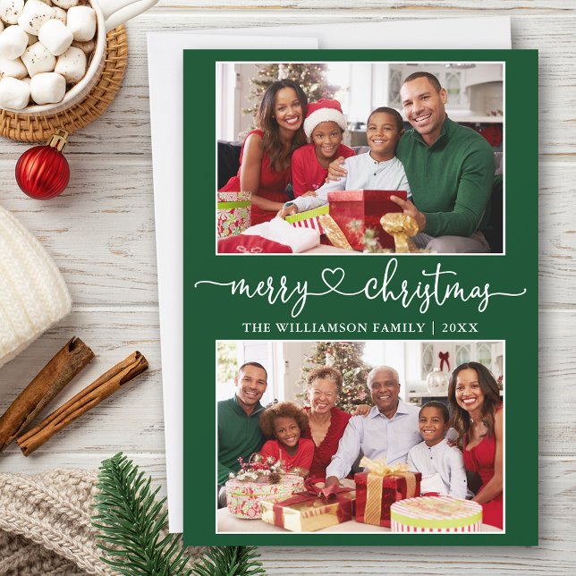 Caligrafía Corazón Feliz Navidad Verde 2 Foto (Customize to add text to back of card.)
