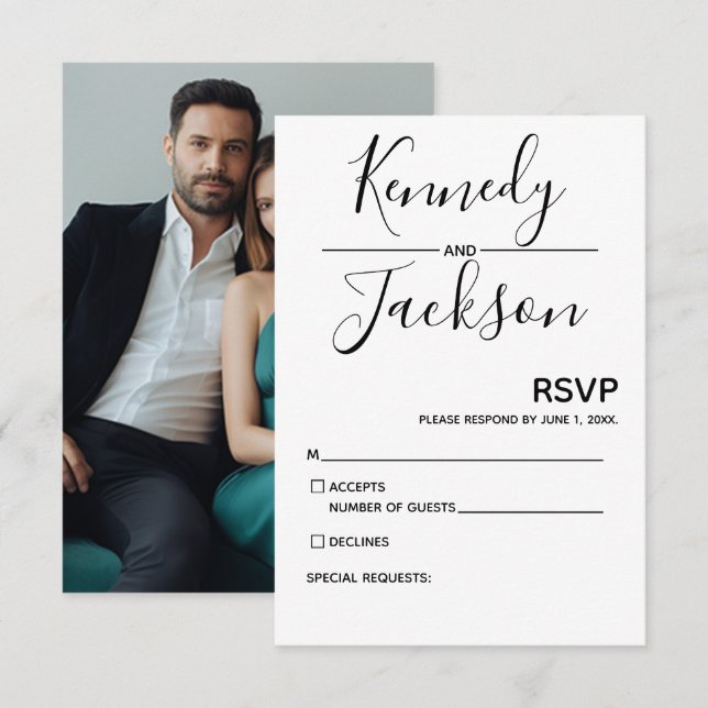 Caligrafía de Boda RSVP moderna en blanco y negro (Anverso / Reverso)