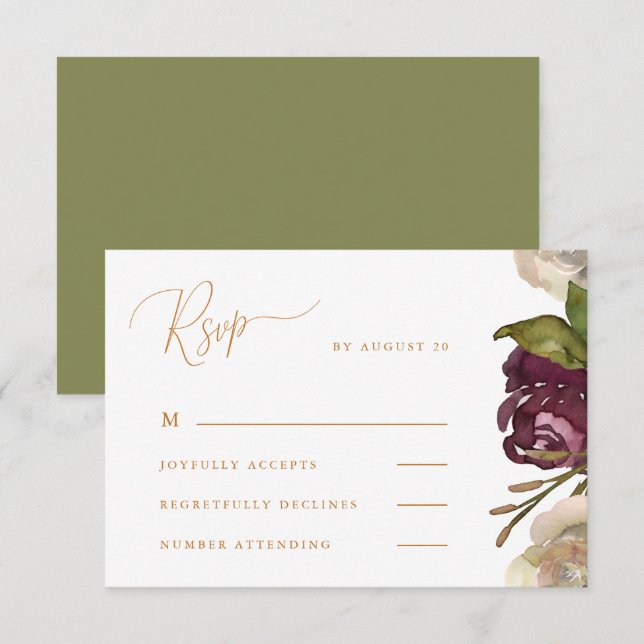 Caligrafía de moda con Boda Verde Floral Rsvp (Anverso / Reverso)