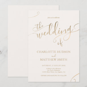 Caligrafía de oro   Invitación a la boda de marfil