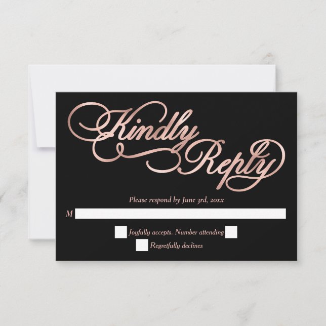 Caligrafía de oro negro y Rosa Boda formal RSVP (Anverso)