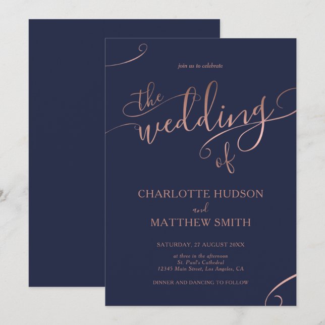 Caligrafía de oro Rosa | Invitación a la boda nava (Anverso / Reverso)