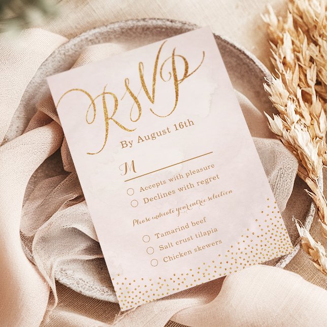 Caligrafía dorada rosa de brillo moderno RSVP (Modern glam blush rose gold calligraphy RSVP)