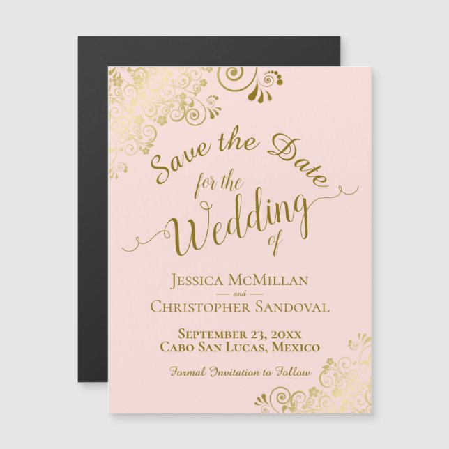 Caligrafía dorada Rubor Pink Save the Date Magnet (Anverso/Reverso)