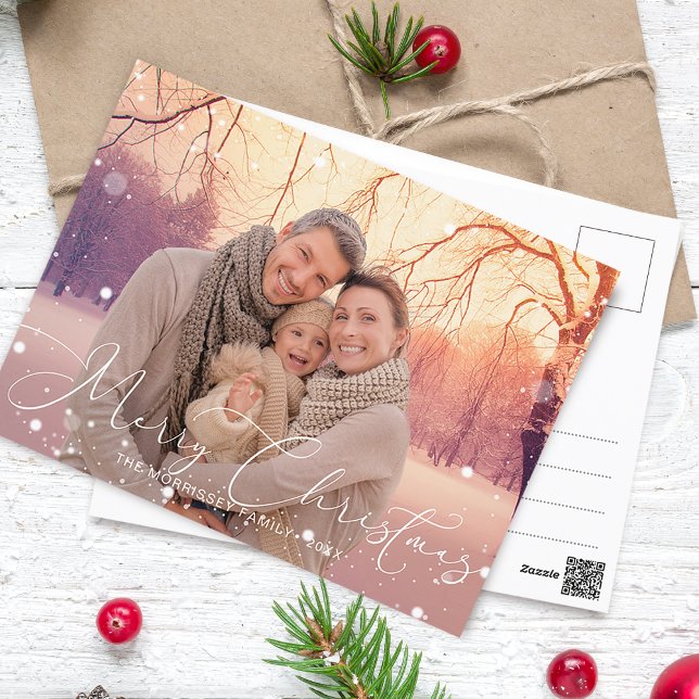 Caligrafía elegante Feliz Navidad Copos de nieve (Elegant Calligraphy Merry Christmas Snowflakes Holiday Postcard)