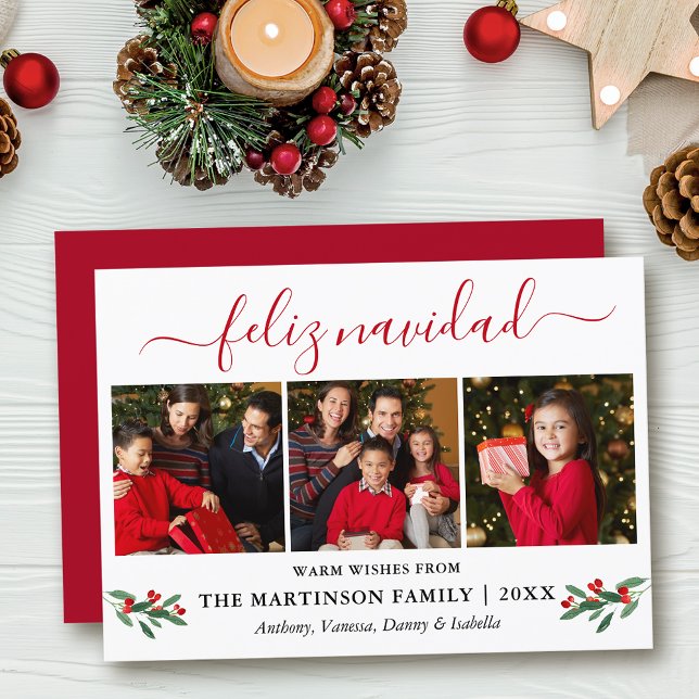 Caligrafía Feliz Navidad 3 Foto Red Holly (Customize to add text to back of card.)