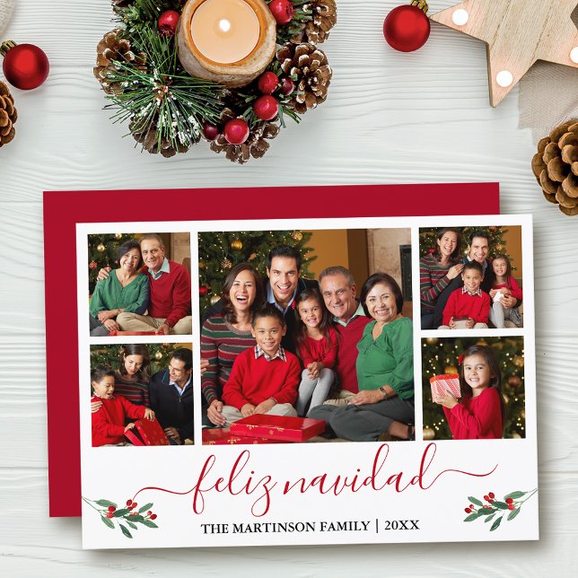 Caligrafía Feliz Navidad 5 Foto Red Holly (Customize to add text to back of card.)