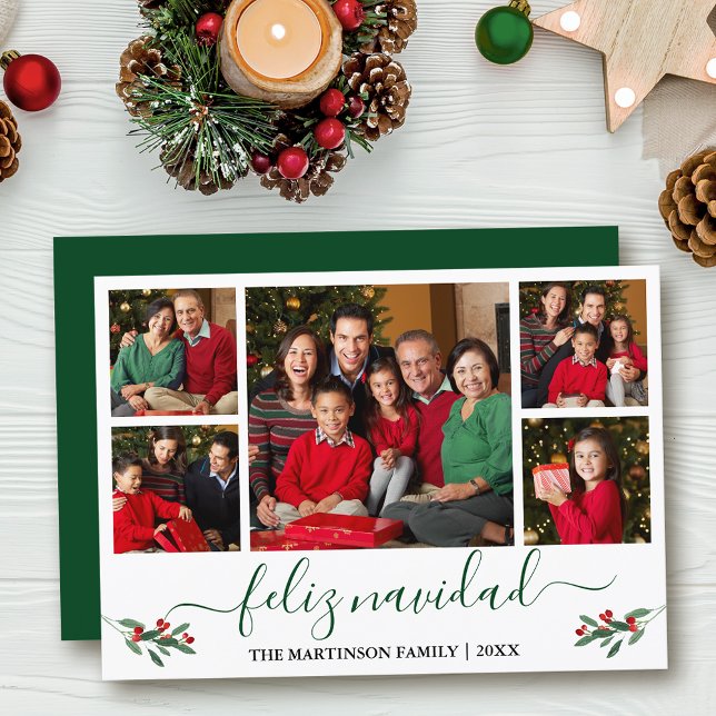 Caligrafía Feliz Navidad 5 Foto Verde Holly rojo (Customize to add text to back of card.)