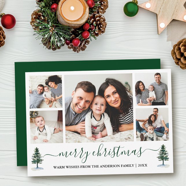 Caligrafía Feliz Navidad 5 Fotografía Pinos verdes (Customize to add text to back of card or to change color of back of card.)