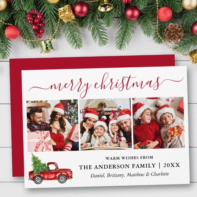 Caligrafía Feliz Navidad Camión Rojo 3 Foto (Customize to add text to back of card or to change color of back of card.)