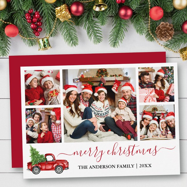Caligrafía Feliz Navidad Camión Rojo 5 Foto (Customize to add text to back of card or to change color of back of card.)