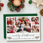 Caligrafía Feliz Navidad Holly 5 Foto Verde<br><div class="desc">Moderna caligrafía guión 5 Collage de fotos de la familia fotográfica Merry Christmas Card incluye Navidades de acuarela Holly Berries - Guión verde del bosque</div>