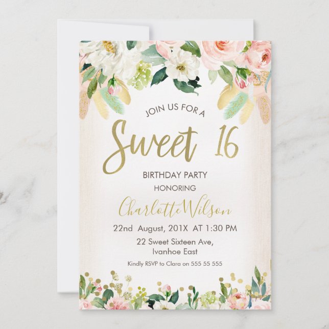 Caligrafía Floral Boho Invitación a los 16 Años (Anverso)
