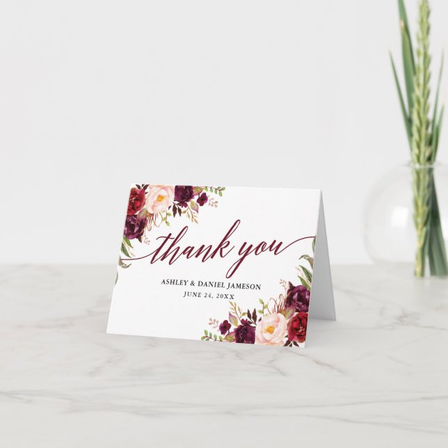 Caligrafía Floral Borgoña Boda Nota (Anverso)