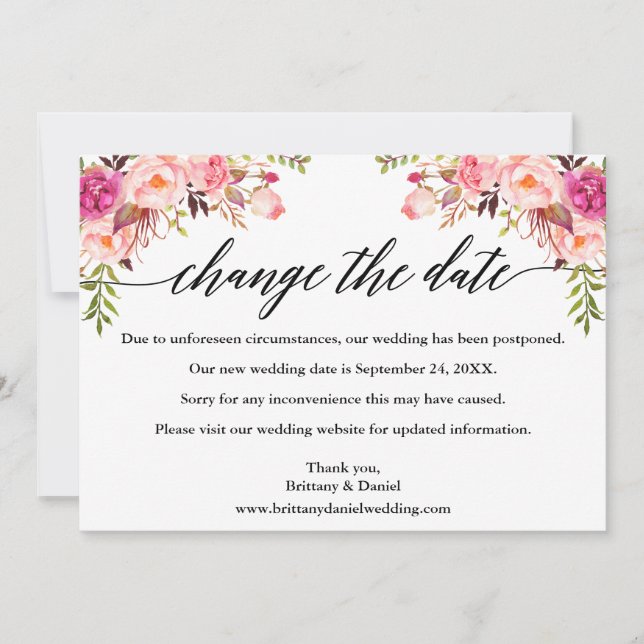 Caligrafía Floral rosa Nueva tarjeta de fecha Boda (Anverso)