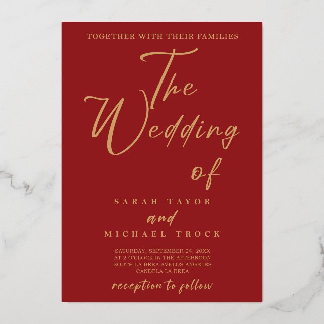 Caligrafía Gold Elegant | Invitación a la boda roj (Anverso)