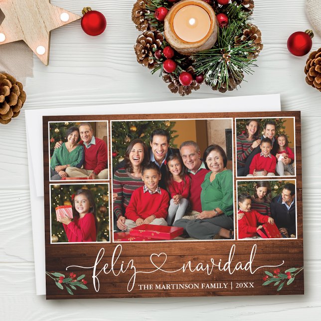 Caligrafía Heart Holly Wood Feliz Navidad (Customize to add text to back of card.)