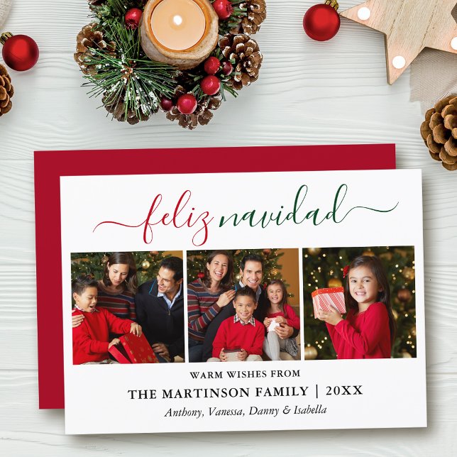Caligrafía moderna 3 foto verde rojo Feliz Navidad (Customize to add text to back of card.)