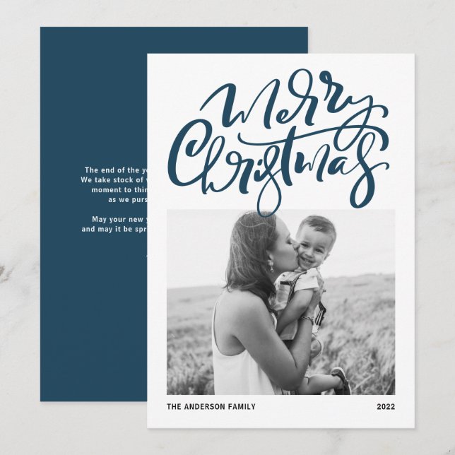 Caligrafía moderna Foto azul Feliz Navidad (Anverso / Reverso)