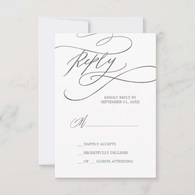 Caligrafía plateada romántica Tarjeta RSVP simple (Anverso)