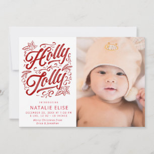 Caligrafía roja holly jolly anuncio de nacimiento