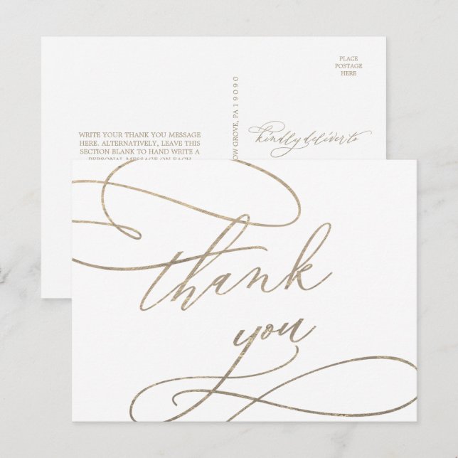 Caligrafía romántica de oro gracias postal (Anverso / Reverso)