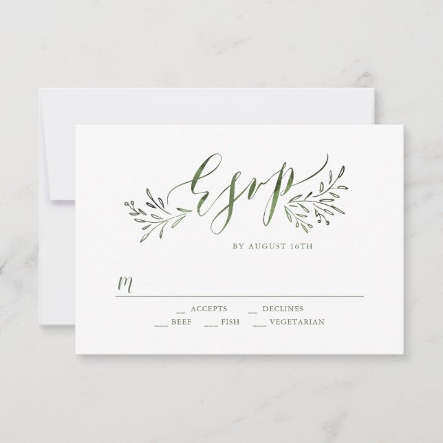 Caligrafía verde sabio boda floral rústica RSVP (Anverso)
