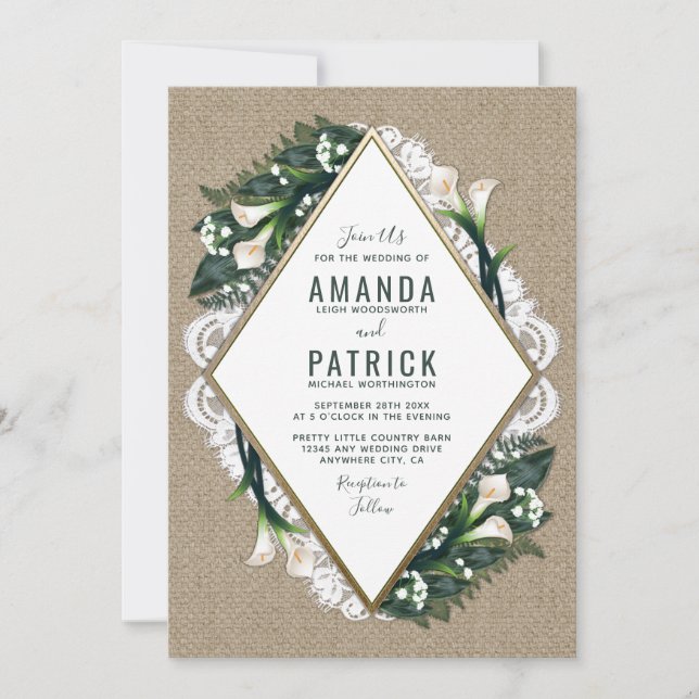 Calla Lily Burlap y Invitaciones a la Boda de Lace (Anverso)