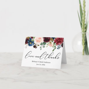 Calligrafía Amor Gracias Borgoña Azul Floral Nota