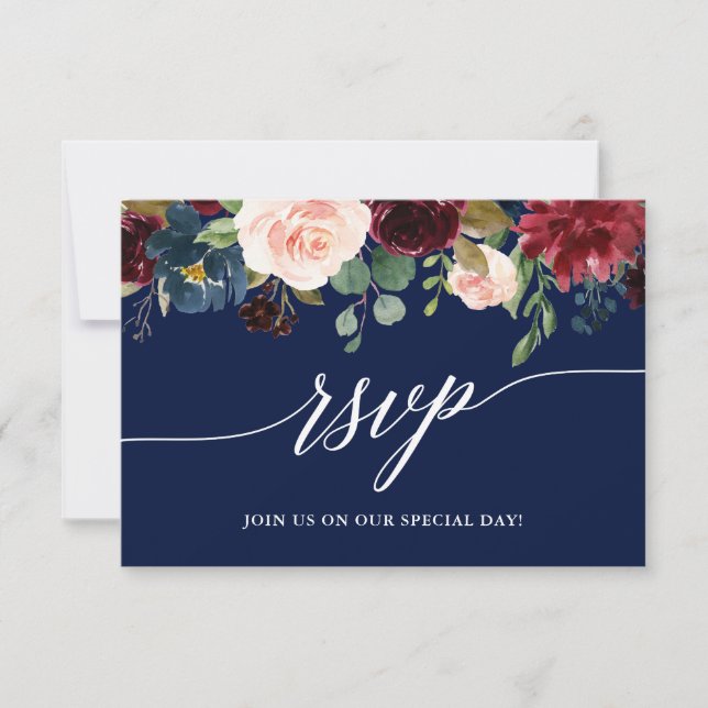Calligrafía Boda azul con flores de Borgoña RSVP C (Anverso)