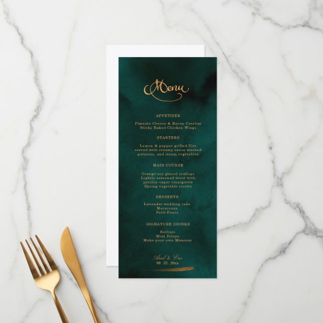 Calligrafía de Esmeralda y Oro Menú de Bodas Elega (Anverso/Reverso In Situ)