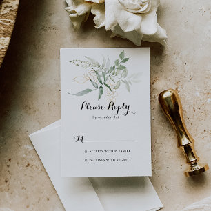 Calligrafía de follaje verde dorado RSVP