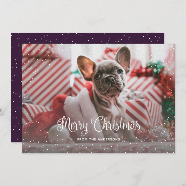 Calligrafía de nieve Fotografía púrpura Tarjeta na (Anverso / Reverso)