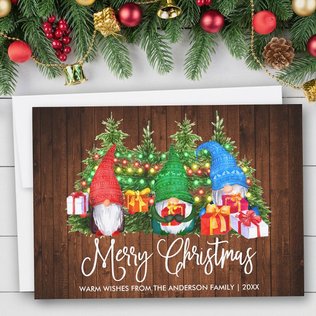 Calligrafía divertida Madera Feliz Navidad Gnomis (Customize to add text to back of card.)