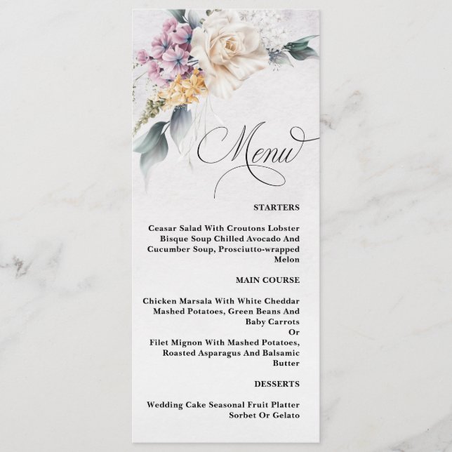 Calligrafía floral acuarela Menú Boda moderno (Anverso)