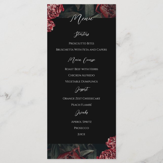 Calligrafía Floral Peony Gothic Boda Menú (Anverso)