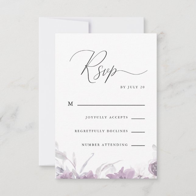 Calligrafía púrpura y turbia y rsvp floral (Anverso)