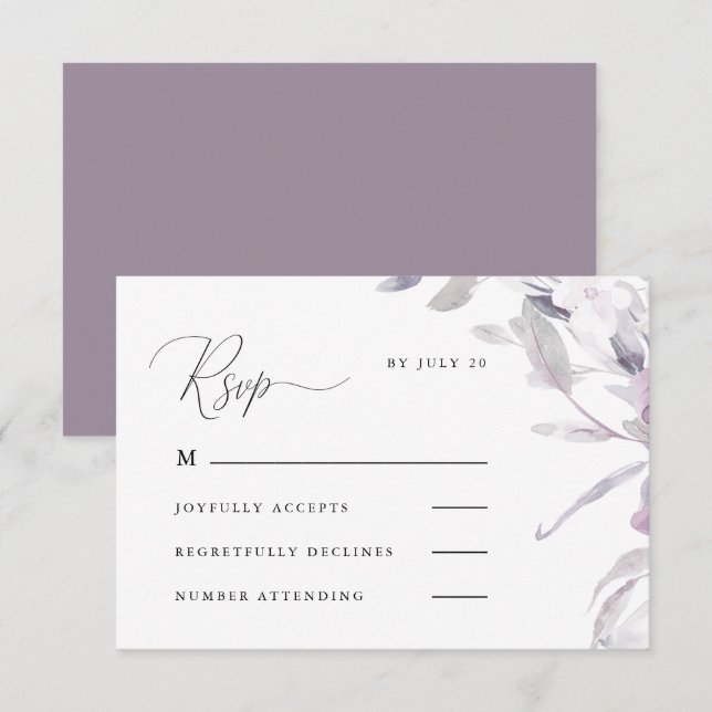 Calligrafía púrpura y turbia y rsvp floral (Anverso / Reverso)