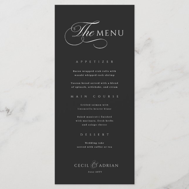 Calligraphic Elegant Black Wedding Menu (Anverso)