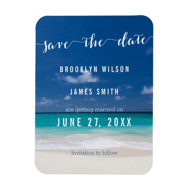Calligraphy Beach Wedding Salvar Los imanes de fec (Vertical)