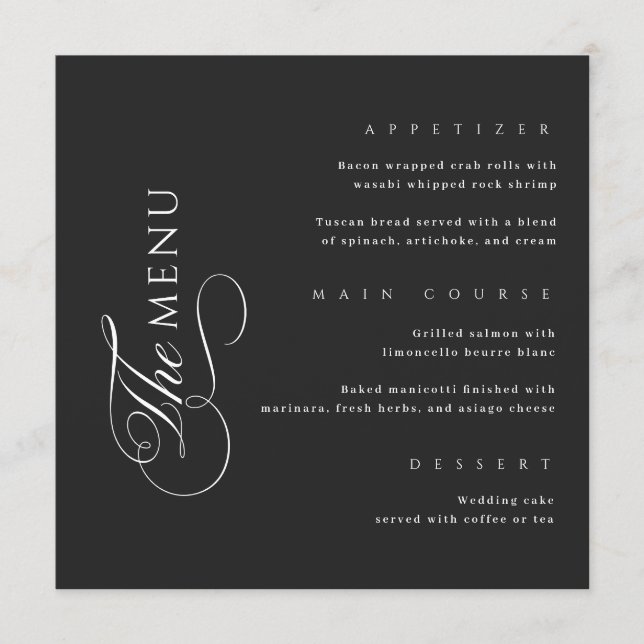 Calligraphy Elegant Square Black Wedding Menu (Anverso)