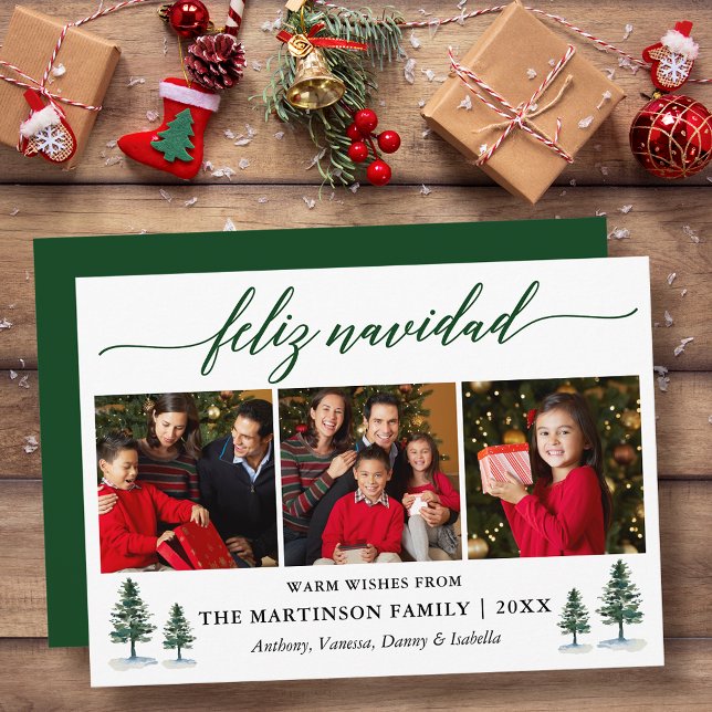 Calligraphy Feliz Navidad Pine Trees 3 Photo Green (Customize to add text to back of card.)