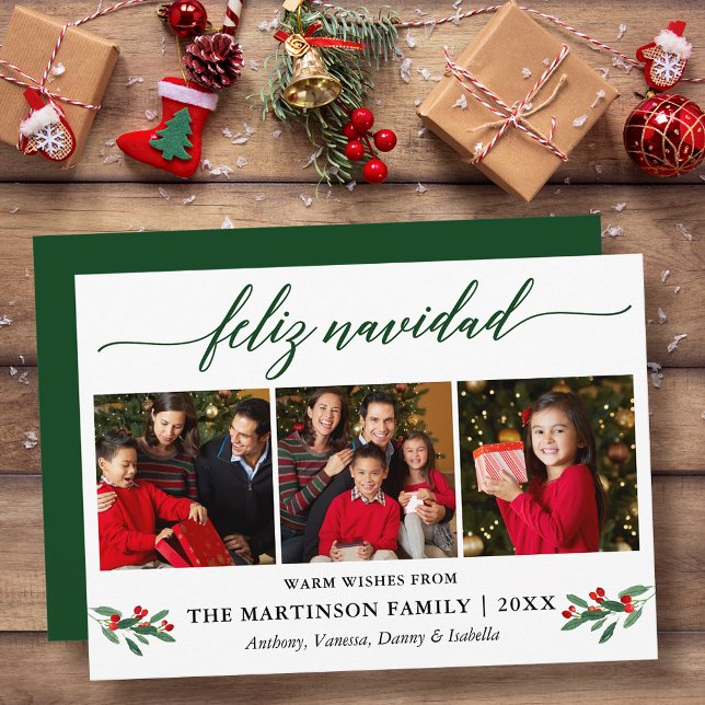 Calligraphy Feliz Navidad Red Holly 3 Photo Green (Customize to add text to back of card.)